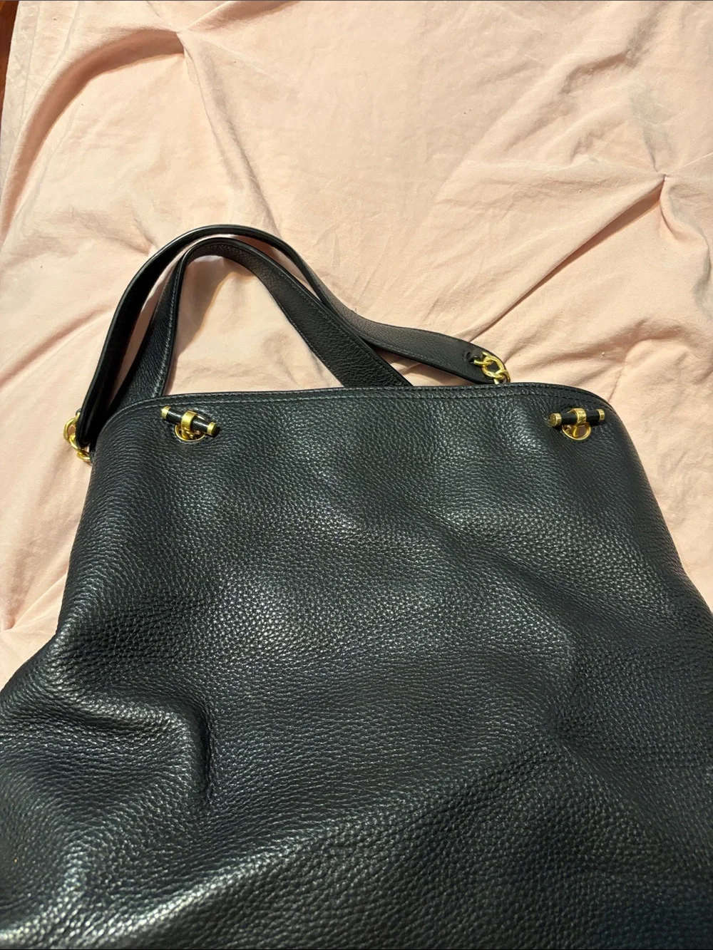 Tory Burch Black Pebbled Leather Tote with Gold Emblem